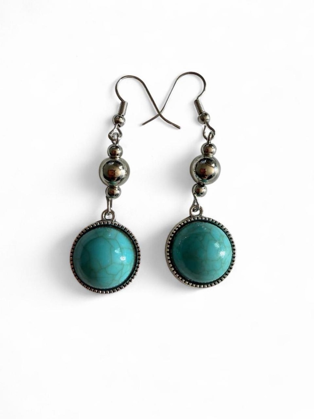 Handmade Turquoise Dangle Earrings Silver Tone Boho
